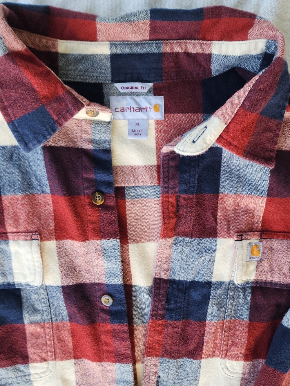 Carhartt Plaid Flannel Shirt Jacket - Red, Navy & Cream. Mens XL